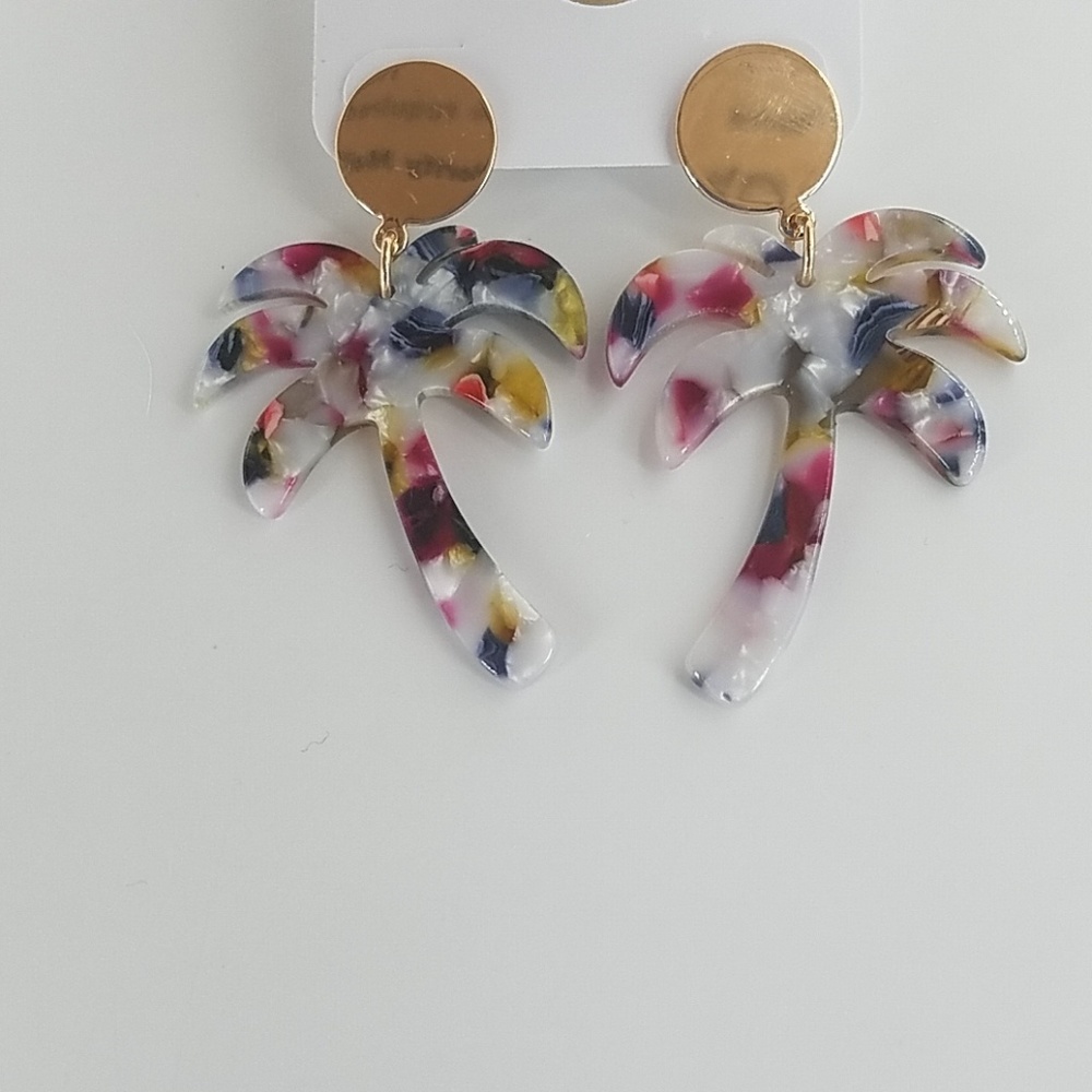 🆕️ Metal Circle Resin Palm Tree Drop Earrings